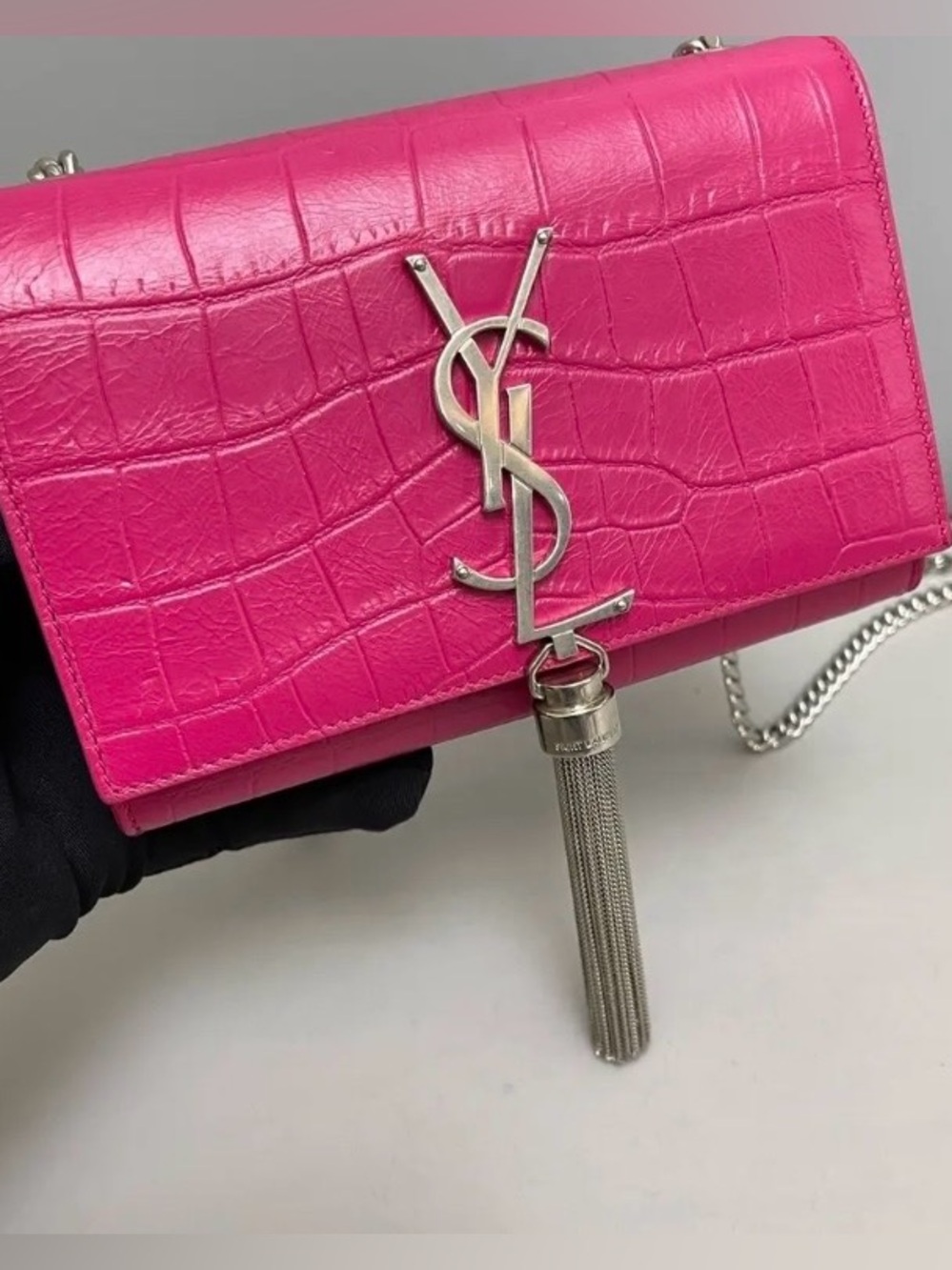 🔥Saint Laurent Fuchsia Croc-Embossed Kate Tassle Bag Small full inclusion🔥 - Picture 3 of 16